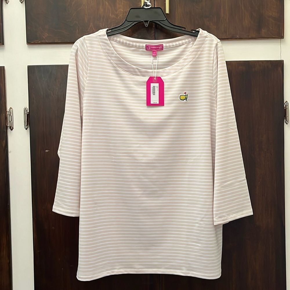 Magnolia Lane Tech large Masters tan and white stripe women’s shirt